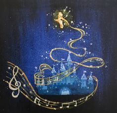 a painting of a fairy tale with music notes and an angel on it's head