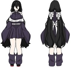 an anime character with long black hair and purple dress, standing next to another character