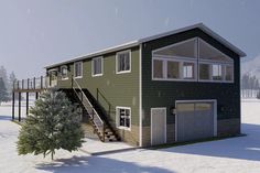 a two story house in the snow with stairs leading up to it's second floor