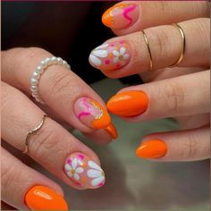 Flower Press On Nails, Orange Nail Designs, Press On Nails Short, Acrylic Nail Kit, Flower Nail Designs, Nails For Women, Oval Nails