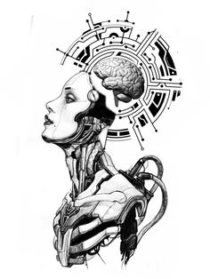 a black and white drawing of a woman with a brain in her head