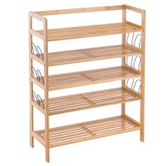 a wooden shoe rack with three shelves on each side