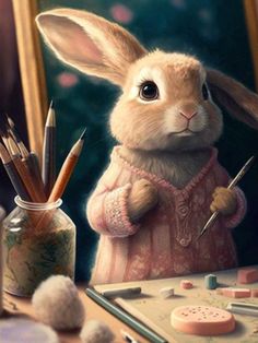 a painting of a bunny holding a paintbrush and looking at it's reflection