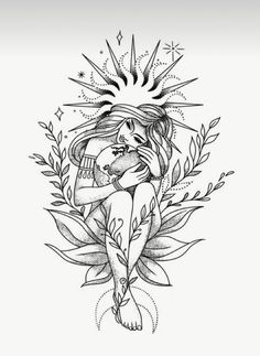 a drawing of a woman sitting on top of a plant with leaves and stars around her