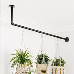 three hanging planters with plants in them