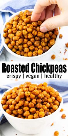 roasted chickpeas in a white bowl with text overlay that reads roasted chick peas crispy vegan / healthy