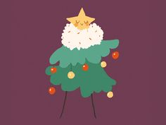 an illustration of a christmas tree with a star on top and berries all around it