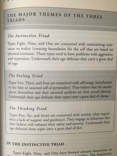 Major Themes of the Three Enneagram Triads [chart] - How each Enneagram Type falls into one of three overarching components of the psyche: instinctual (body), thinking (head), feeling (heart) Enneagram Head Triad, 4w3 Enneagram, Enneagram Two, Enneagram 7, Enneagram 1