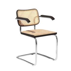 an office chair with a woven seat and metal frame, viewed from the front on a white background