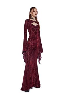 Widow Goth Velvet Flocked Maxi Dress And Shrug Set - Dark Red – Dolls Kill Vampire Gown, Goth Gown, Villain Dresses, Winter Gowns, Gothic Gowns, Vampire Dress, Sleeve Shrug, Red Dolls, Ideal Wardrobe