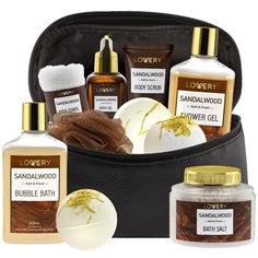 Give the men in your life a masculine spa treatment they can enjoy without leaving the comfort of their bathroom man cave. The Lovery 11 Piece Sandalwood Bath Gift Set includes everything a guy needs to pamper himself while no one is watching. From Shower Gel to Bath Oil & Cosmetic Bag, this deluxe set has everything in it to let guys indulge in seriously soothing self care.11 PIECE SET INCLUDES: Shower Gel Bubble Bath Body Scrub Bath Oil Steamer Tablet Bath Salt Bath Bomb Shower Puff Hand Towel Shower Puff, Home Spa Treatments, Sandalwood Essential Oil, Leather Cosmetic Bag, Sandalwood Oil, Bath Gift Set, Shower Oil, Handmade Cosmetics, Bath Set