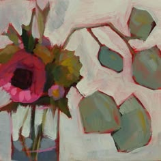 a painting of flowers in a vase on a white tablecloth with hexagonal shapes