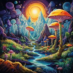 a painting of mushrooms and stream in the forest at night with bright sun above them