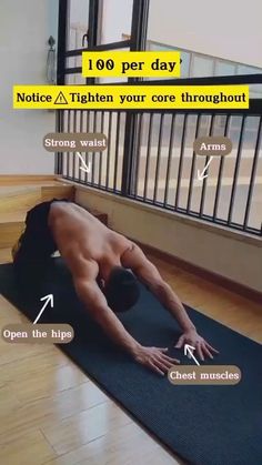 a man is doing yoga on a mat with words describing how to do the splits