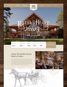 the hotel website is displayed on a wooden table with an image of a horse drawn carriage