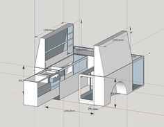 an architectural drawing of a kitchen with the door open and shelves on each side,