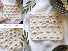 crocheted square with holes in the middle and another photo showing how to make it