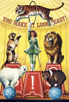 an advertisement for the circus with animals on top of it and a woman in green