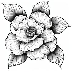 a black and white flower with leaves