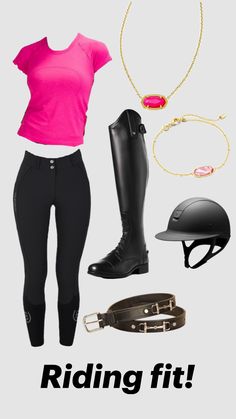 a woman wearing black pants, pink shirt and riding boots with text reading riding fit