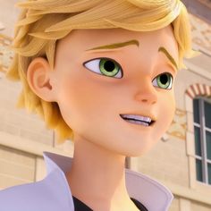 an animated image of a boy with blonde hair and green eyes