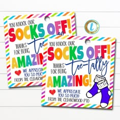 two colorful gift tags with the words socks off and socking on them