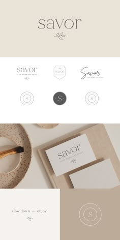 the logo for savor is shown in three different colors and font styles, including white