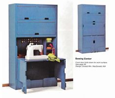 the sewing cabinet is blue and has two drawers on each side, one with a sewing machine in it