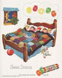 an advertisement for life savers featuring children sleeping on a bed with pillows and blankets