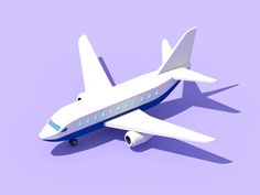 a white and blue airplane is on a purple background with shadow from the plane's tail