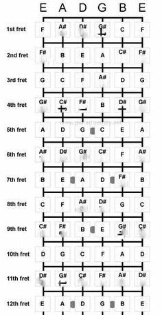 an image of the guitar chords and their corresponding parts for each instrument, including frets