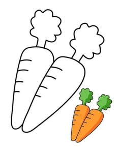 two carrots with leaves on them sitting side by side, one is orange and the other is green