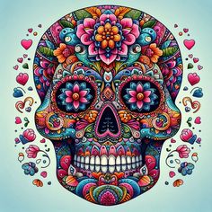 a sugar skull with colorful flowers and hearts on it's forehead, painted in bright colors