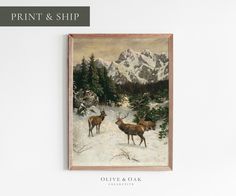 an image of two deer in the snow with mountains in the background and text overlay that reads print & ship