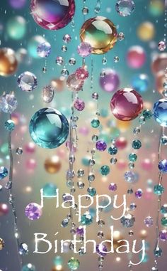 an image of happy birthday card with colorful bubbles and beads on the blue sky background