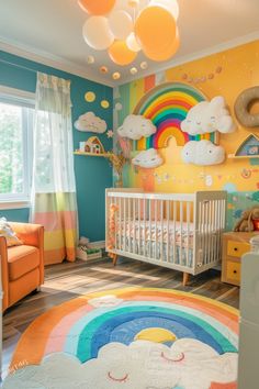 a child's room with rainbow and clouds painted on the walls, carpeted floor