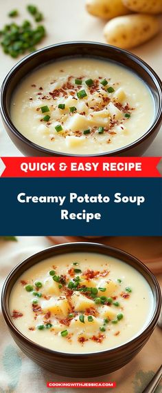 two bowls filled with creamy potato soup on top of a table