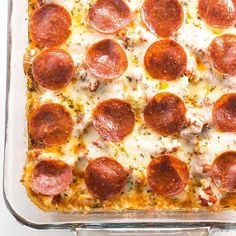 a pizza casserole with pepperoni and cheese