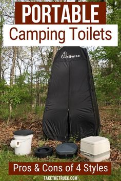 the ultimate portable camping toilet is in the woods with text overlay that says portable camping toilets