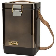 a brown and black cooler with a leather strap