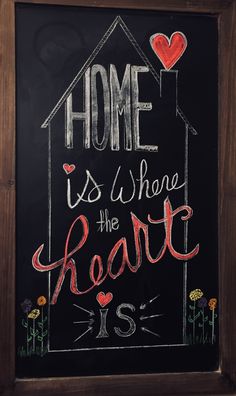 a chalkboard sign that says home is where the heart is