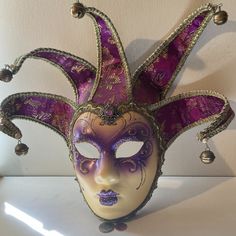 Vintage Venetian Jester Face Mask, Jolly Mask, Joker, Made In Italy, Hand Painted, Venezia, Quality, Purple, Gold Accents, Wall Decor, Hanging Decor, Use It Mardi Gras, Quality, Home Decor. Vintage Clown Masks, Venetian Jester Mask, Jester Fashion, Venetian Jester, Venetian Masks Art, Medieval Jester, Jester Outfit, Jester Mask, Mardi Gras Masks