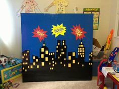 a child's room decorated in the style of an old school cityscape