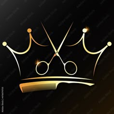 golden crown with scissors on black background for logo, emblem or badge design templates