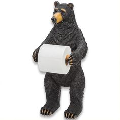 a black bear holding a roll of toilet paper