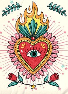 a heart with an all seeing eye surrounded by flowers