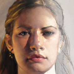 a painting of a young woman wearing a white shirt and tie with her hair pulled back