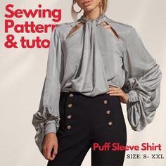 This sewing pattern is for a silk blouse designed for those who seek both elegance and comfort. Crafted from delicate silk fabric, it gracefully drapes around the figure. The sleeves of the blouse are gathered into soft pleats, lending lightness and grace to every movement. The tie-neck collar adds a touch of sophistication while remaining comfortable to wear. This pattern is perfect for creating a stylish and comfortable blouse for those who appreciate a high level of style and comfort. The pat Pattern Top Sewing, Puffy Blouse, Puff Sleeve Pattern, Women Sewing, Blouse Designed, Comfortable Blouses, Women's Sewing Pattern, Selling Handmade Items, Lantern Sleeved Blouses