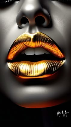 a woman's face with gold lipstick