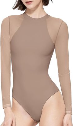 Amazon.com: PUMIEY Long Sleeve Bodysuit for Women Mesh Body suits Sheer Bodysuits Dupes Sexy Brown Body Suit, Latte, Large : Clothing, Shoes & Jewelry Sheer Tops, Bodysuit Tops, Halter Jumpsuit, Bodysuit Top, Mesh Bodysuit, Bodysuit Fashion, Mesh Long Sleeve, Short Sleeve Bodysuit